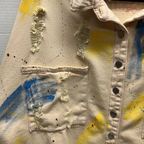 POL LARGE DENIM JACKET PAINTED & DISTRESSED! 25.50" PTP - Picture 4 of 11